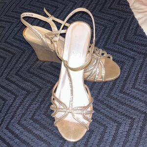 David's Bridal Metallic Wedges with Straps